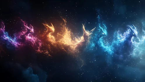 Elemental fox-like spirits aligned in cosmic nebula space.