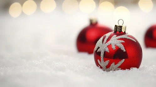 Red Christmas ornaments on snow with soft background lights.