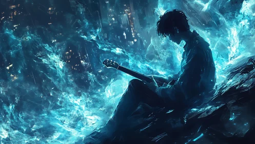 Electric nebula guitarist in bioluminescent urban void.