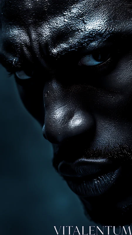 Intense low‑key male portrait with dramatic specular highlights.