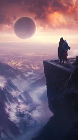 Lone sentinel on monolithic cliff under rising alien world.