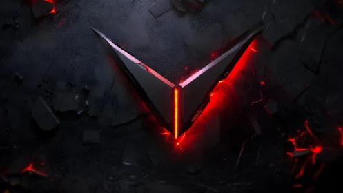 Futuristic metallic V emblem with glowing red light on dark cracked surface.