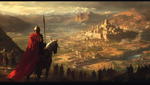 Armored cavalry observing fortified city across valley plain.