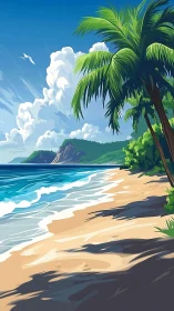 Tropical Coastal Landscape with Palm Trees and Cumulus Cloud Formation.