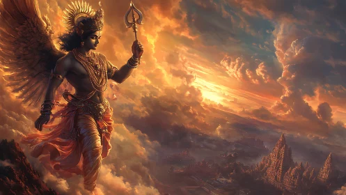 Winged celestial warrior over luminous mythic citadel skyfield.