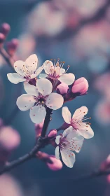 Delicate cherry blossoms in soft focus against blue background
