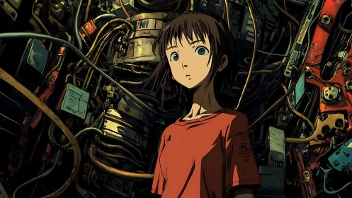 Curious young teen stands amid tangled futuristic machines