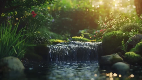 Sunlit garden waterfall flows into a calm reflective pool