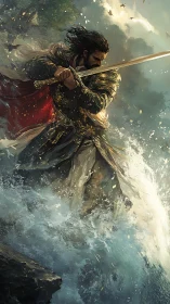 Knight in dynamic surf wielding sword in cinematic motion