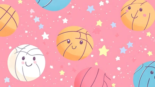 Pattern of stylized basketballs with faces on pink field.