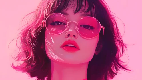 Neon pink digital portrait of woman in oversized round glasses