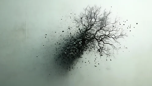 Bare tree with fractured stone burst on pale background.