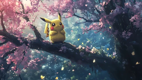 Gentle Pikachu enjoys a dreamy rest among cherry blossoms