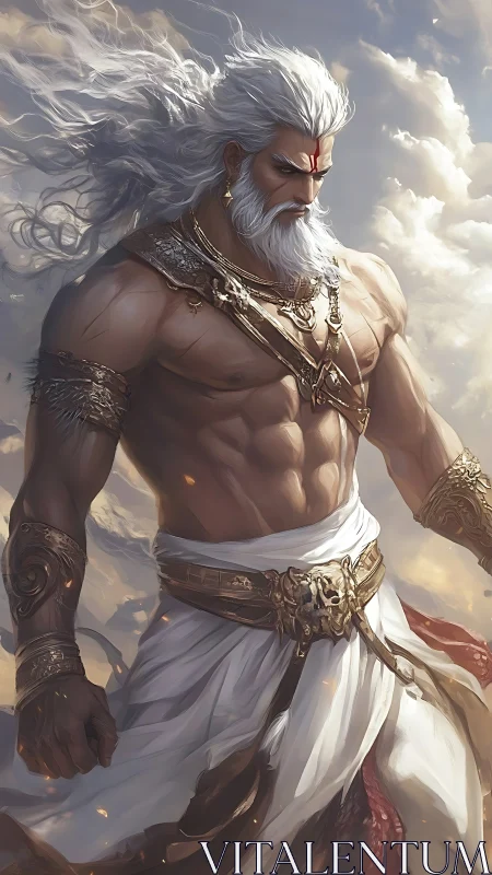 Mythic warrior stands against stormlit heavens in silent power