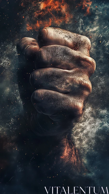 Textured clenched fist emerging through turbulent fiery smoke.