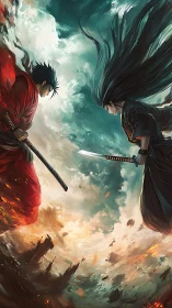 Sky-split duel between rival samurai over burning ruins.