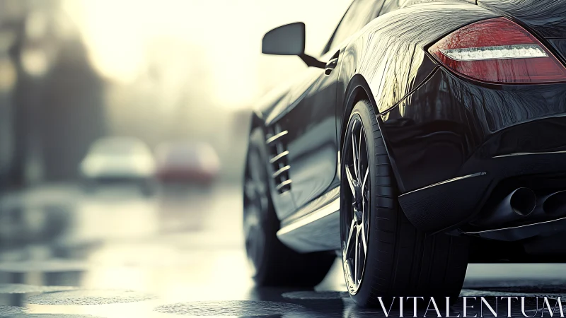 Rear view of black sports car on wet urban street surface.