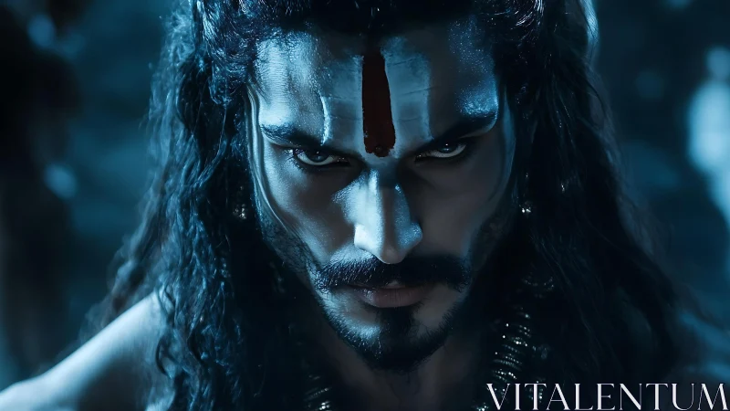 Storm-eyed ascetic warrior in icy blue divine glare.