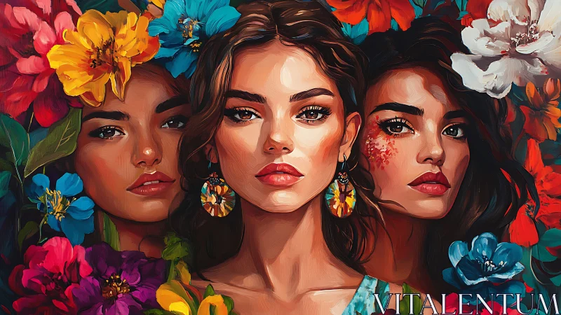 Three women surrounded by vibrant flowers in digital painting style.