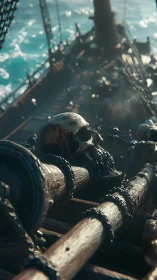 Weathered pirate skull rests on a sunlit ghostly deck