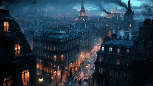Nocturnal Parisian skyline under cinematic teal-orange glow.