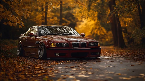Lowered red coupe is parked on a leaf-covered forest road