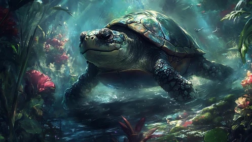 Bioluminescent aquatic turtle advances through dense jungle stream