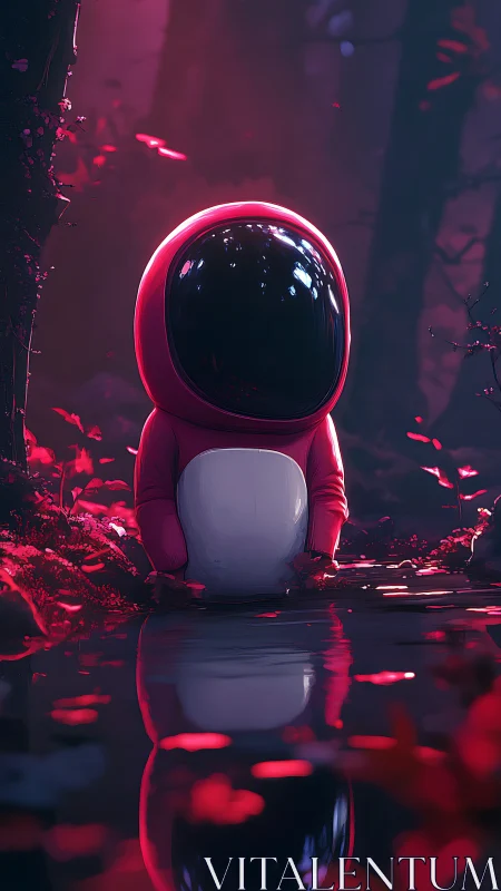 Small pink astronaut sits beside reflective forest water