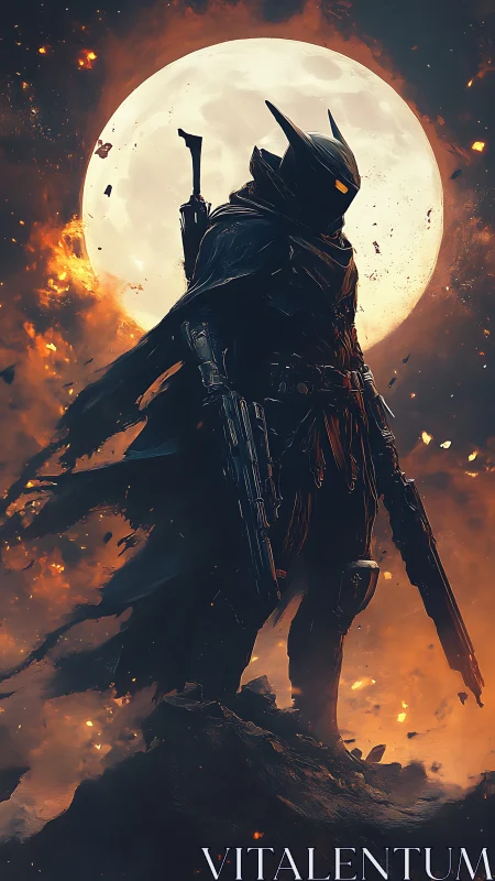 Lone armored sentinel before burning moonlit inferno.