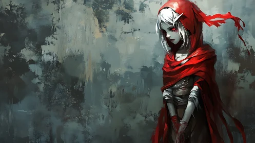 Crimson‑cloaked elf girl against weathered abstract wall.