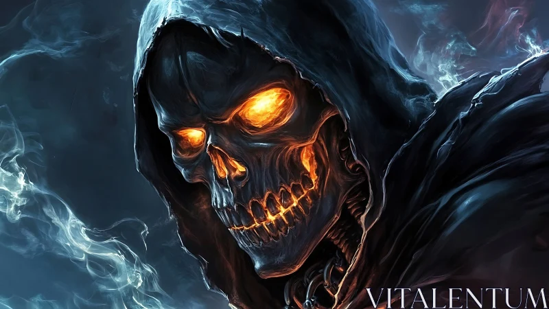 Flaming skull reaper emerges from swirling blue shadows