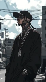 Urban noir drifter bathed in sunlit concrete swagger.