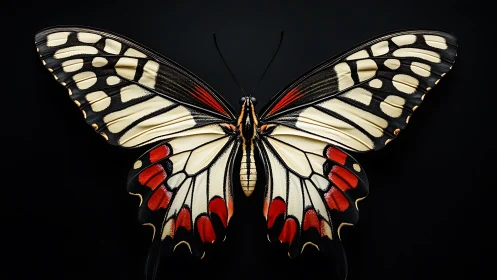 Butterfly wings spread in quiet, luminous symmetry on black.