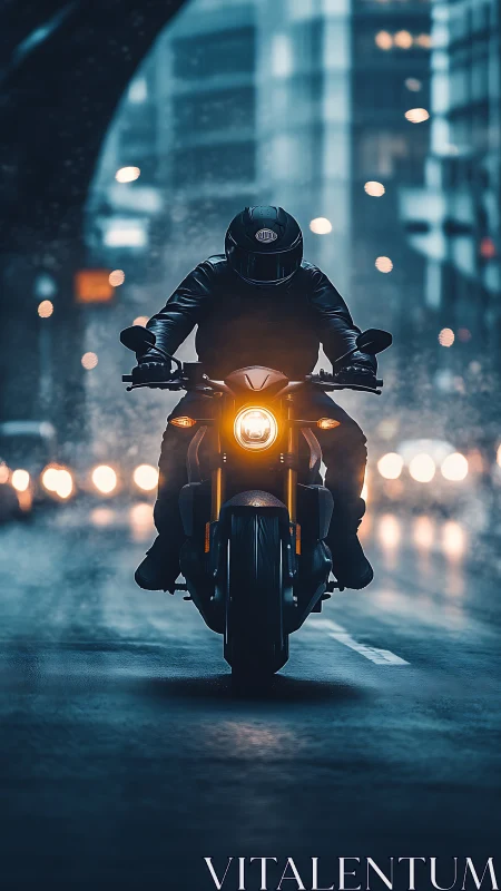 Motorcyclist advances through rain-soaked urban boulevard at dusk