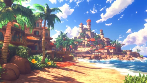 Tropical Fortress Architecture on Coastal Beach Setting