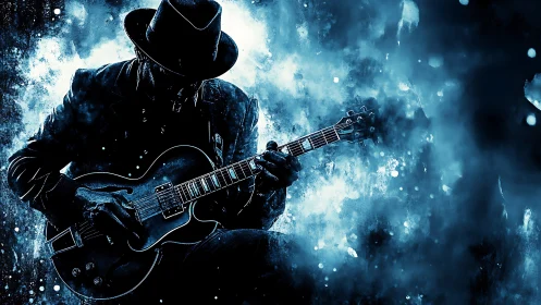 Blues guitarist silhouette in blue abstract digital painting.