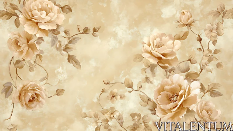 Beige floral wallpaper with soft painted roses pattern.