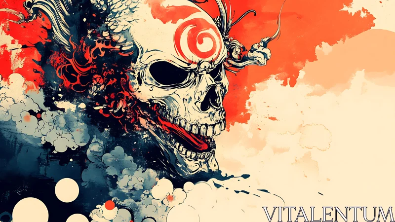 Spiral-marked skull erupts through chaos of ink and flame.