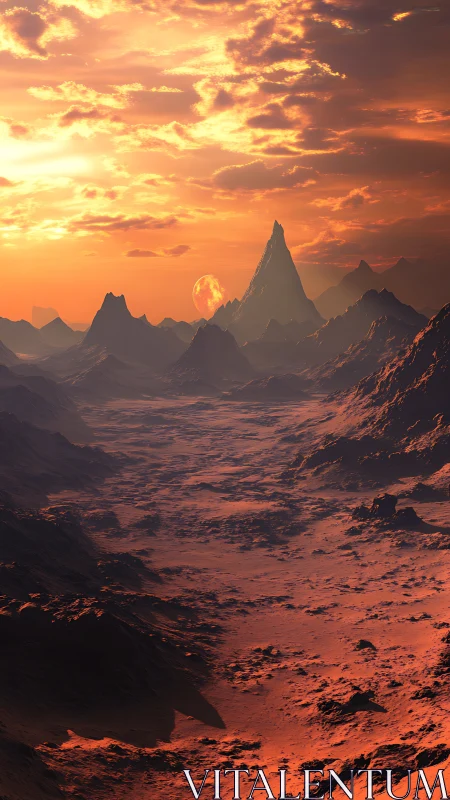 Molten dusk over alien canyons and a watching ember moon.