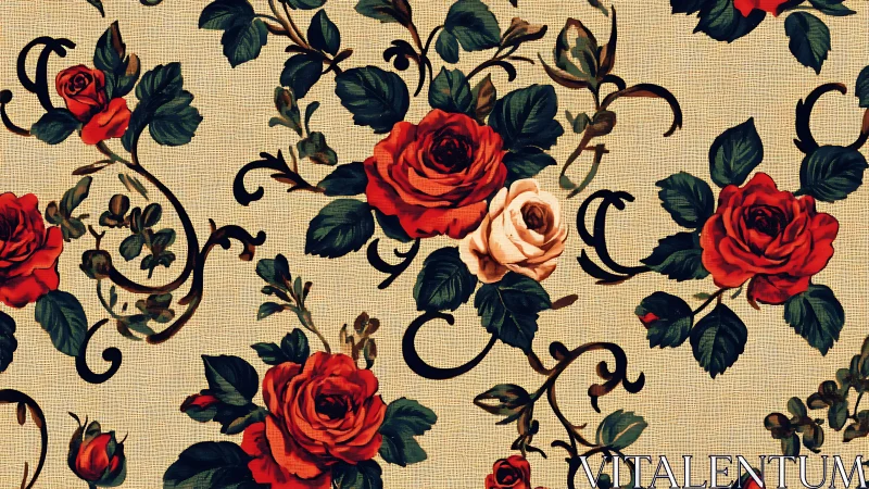 Repeating red rose floral pattern on textured beige background.