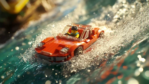Photoreal LEGO roadster skimming dynamic sunlit surf.