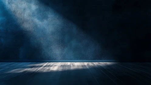 Solitary blue spotlight spilling quietly across empty floor.