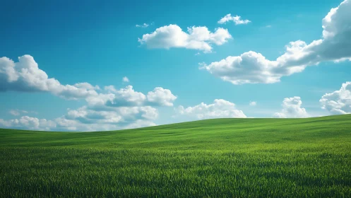 Sunny green meadow under soft clouds and bright blue sky.