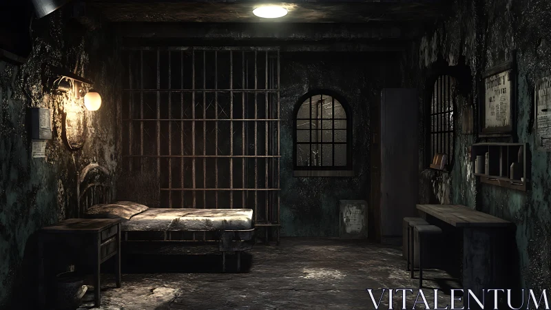 3D cinematic prison cell interior with decayed industrial surfaces.