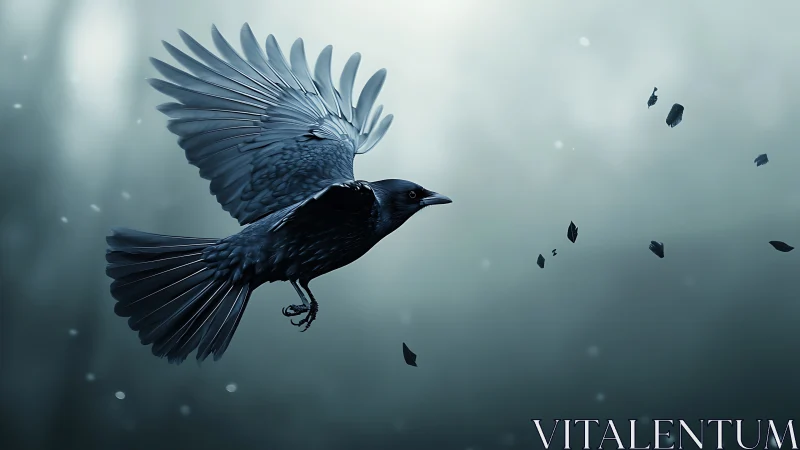 Black Bird in Flight with Dynamically Rendered Wings Against Atmospheric Fog