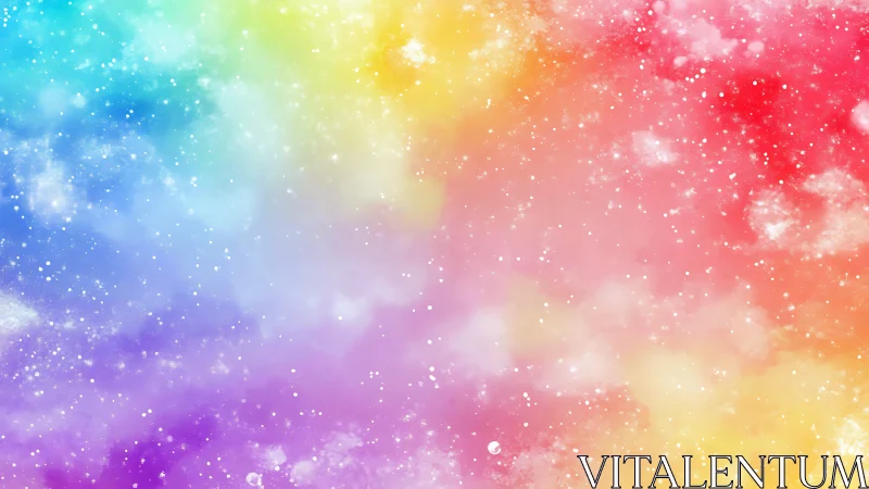 Vibrant rainbow nebula gradient with scattered white stars.