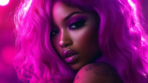Neon-magenta digital portrait with cinematic bokeh lighting.