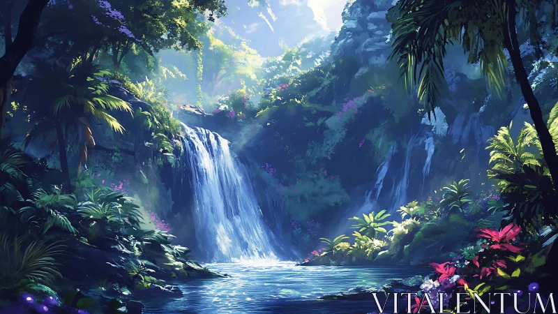 Lush jungle waterfall cascades into a tranquil, sunlit pool