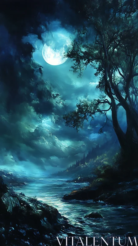 Moonlit river flows beneath storm clouds and dense trees