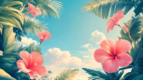 Tropical Hibiscus Blooms Against Azure Sky with Palm Foliage Framing